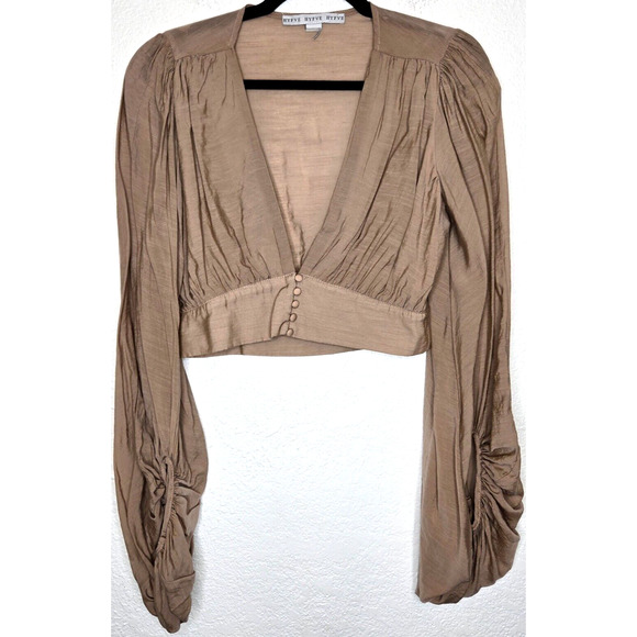 HYFVE Womens Crop Top Large Taupe Ruched Balloon Sleeve Plunge Sexy Boho Light - Picture 1 of 10
